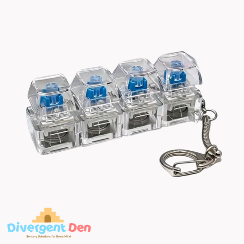 Clear sensory keychain with blue buttons on a white background, featuring the Divergent Den logo.