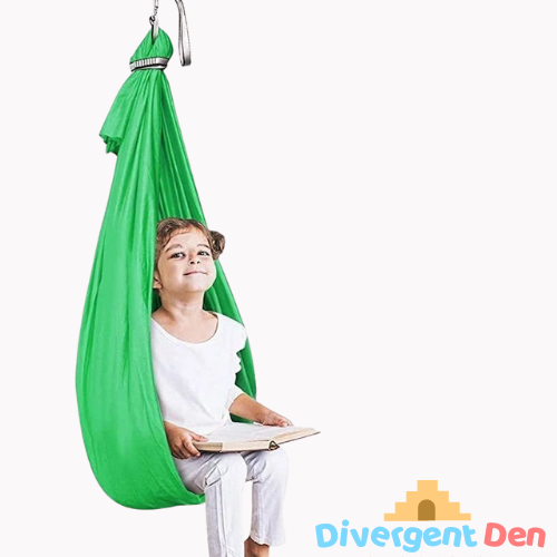 Green sensory swing image including the fixtures. Sensory Swing calms and regulates | The Divergent Den