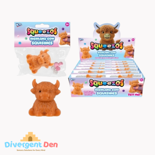 Squeezo's Highland Cow Squishy toy with packaging and display box on a white background.