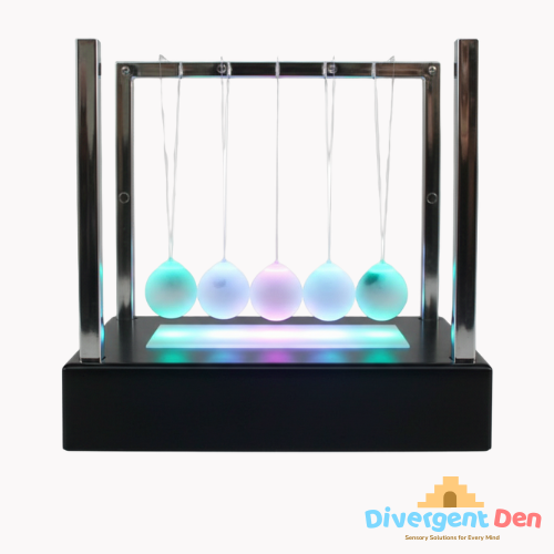 Colorful Newton's cradle with LED lights on a white background, branded 'Divergent Den'.