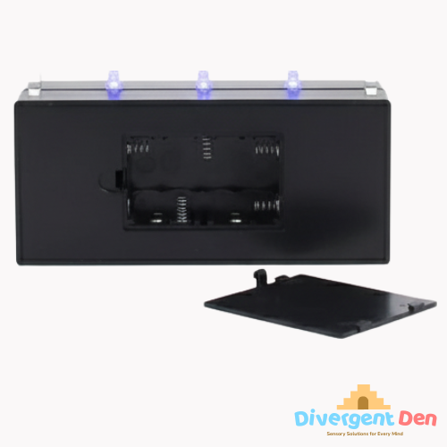 Black electronic device newtons cradle  with blue lights on a white background, branded 'Divergent Den'.