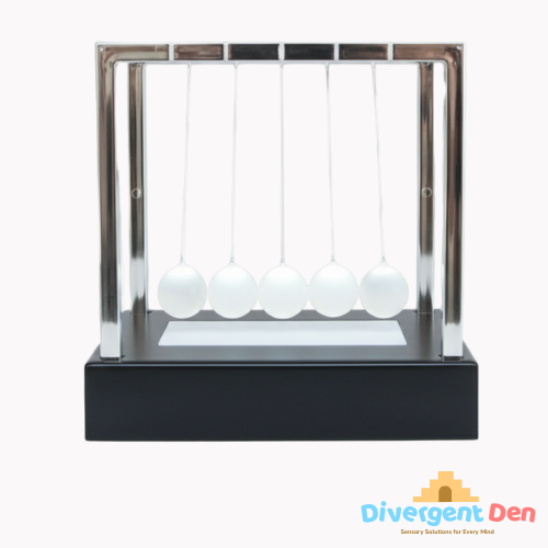 Newton's cradle with white balls on a black base and silver frame, branded 'Divergent Den'.