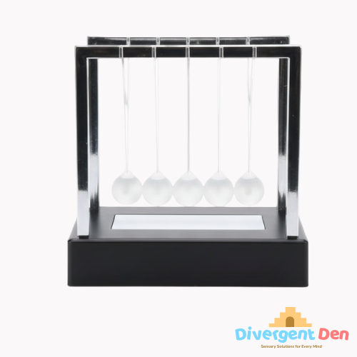 Illuminated Newtons Cradle on a side view to see the entire product - Showing how the balls swing to create a calming effect 