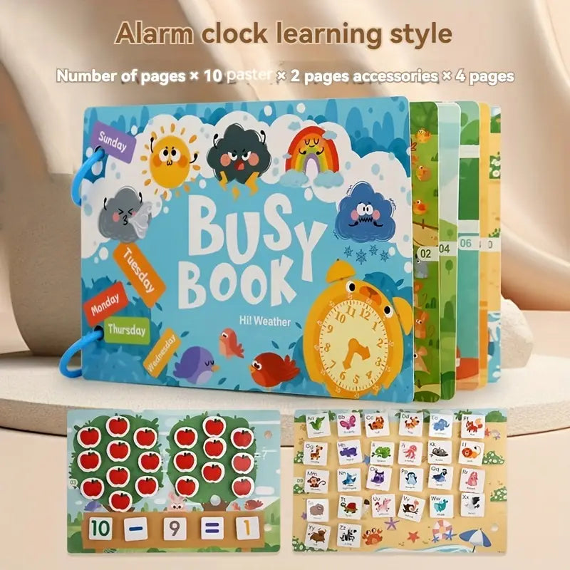 Multi-theme sensory busy book with vehicles, dinosaurs, fruit, and animals – alarm clock learning style - The Divergent Den