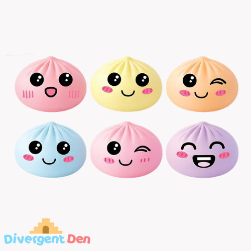 Set of colorful bun-shaped squishies with facial expressions on a white background, branded with Divergent Den.