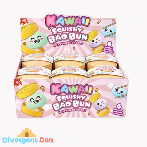 Box of Kawaii Squishy Bao Bun with cartoon characters on a pink background