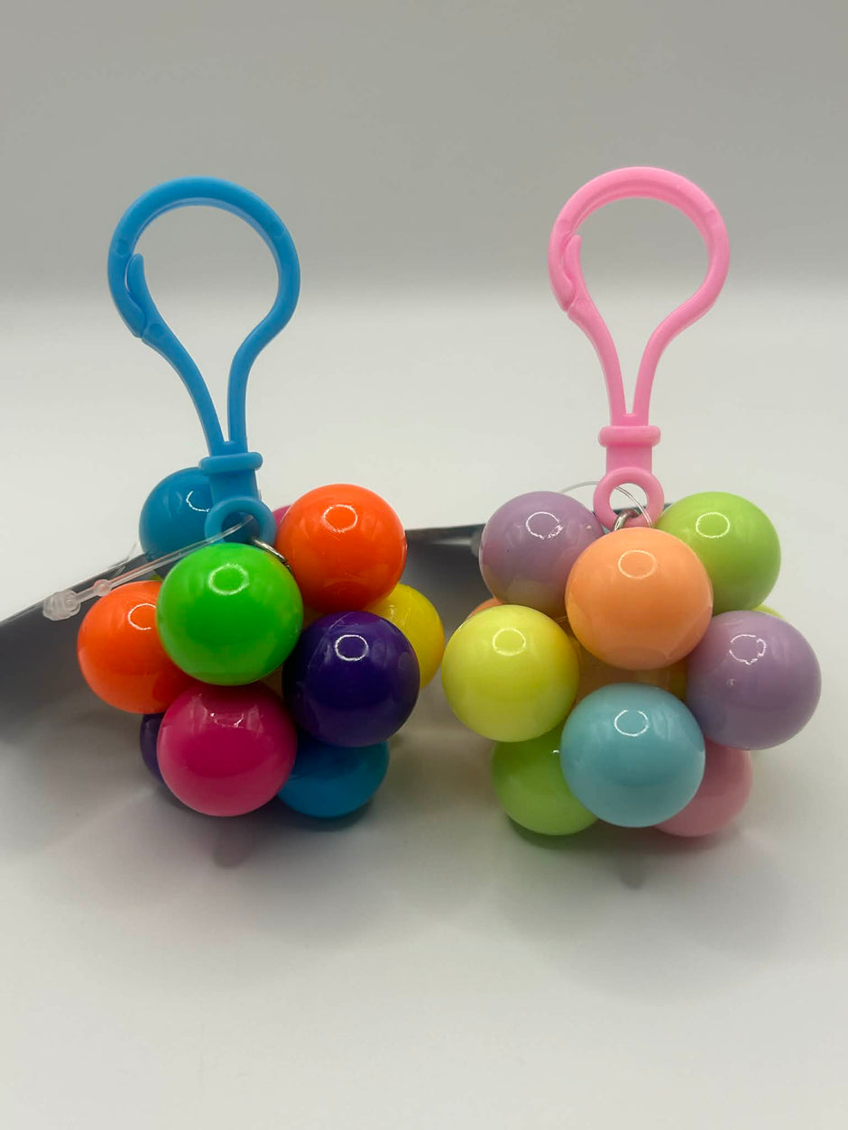 Key ring Fidget Atom close-up showing multi-coloured tactile buttons for stress relief and focus
