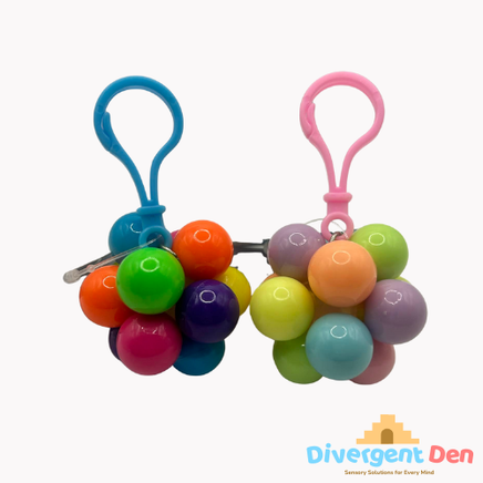 Key ring Fidget Atom close-up showing multi-coloured tactile buttons for stress relief and focus
