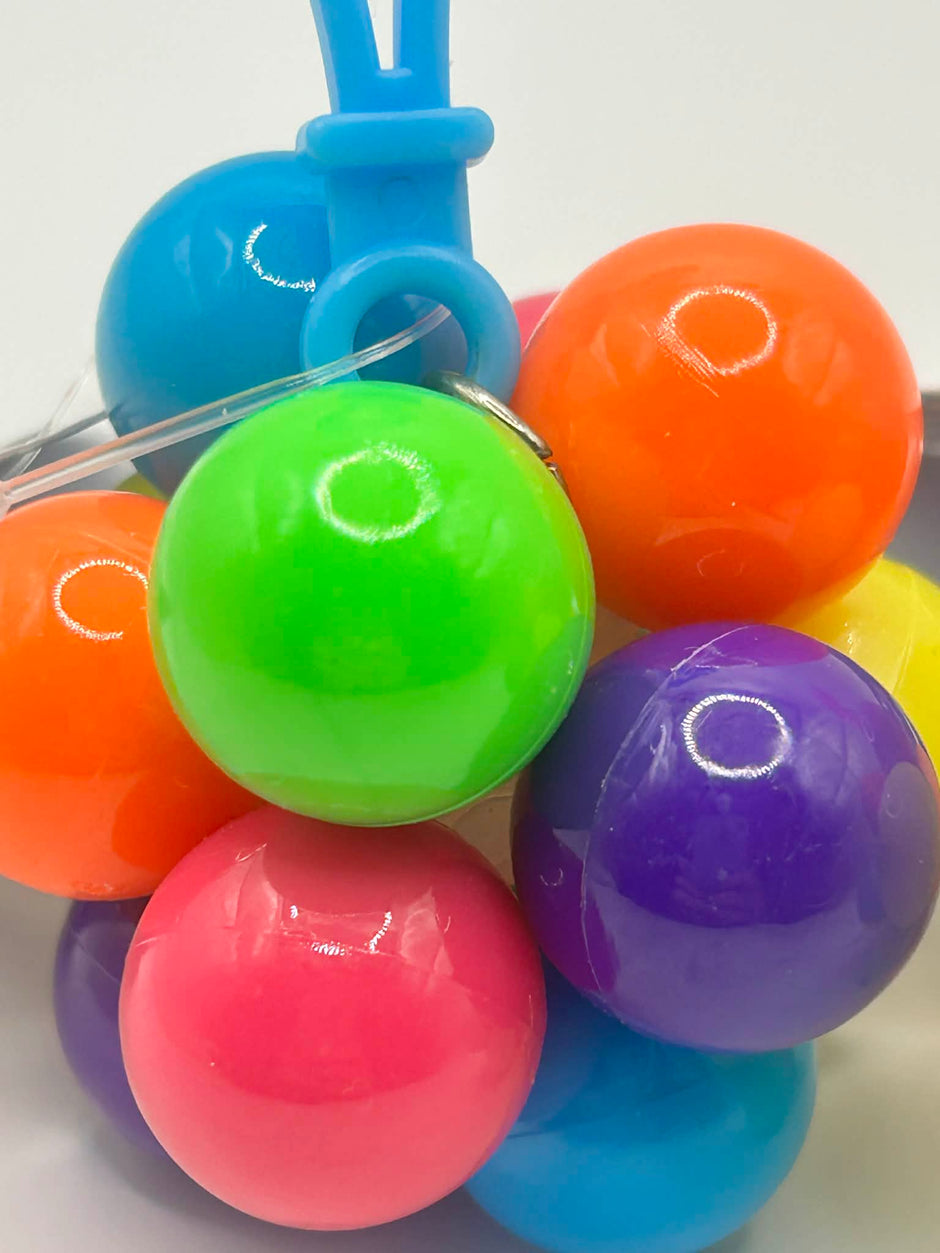 Fidget Atom close-up of label showing UCKA Number showing multi-coloured tactile buttons for stress relief and focus