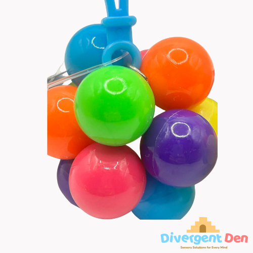 Fidget Atom close-up of label showing UCKA Number showing multi-coloured tactile buttons for stress relief and focus