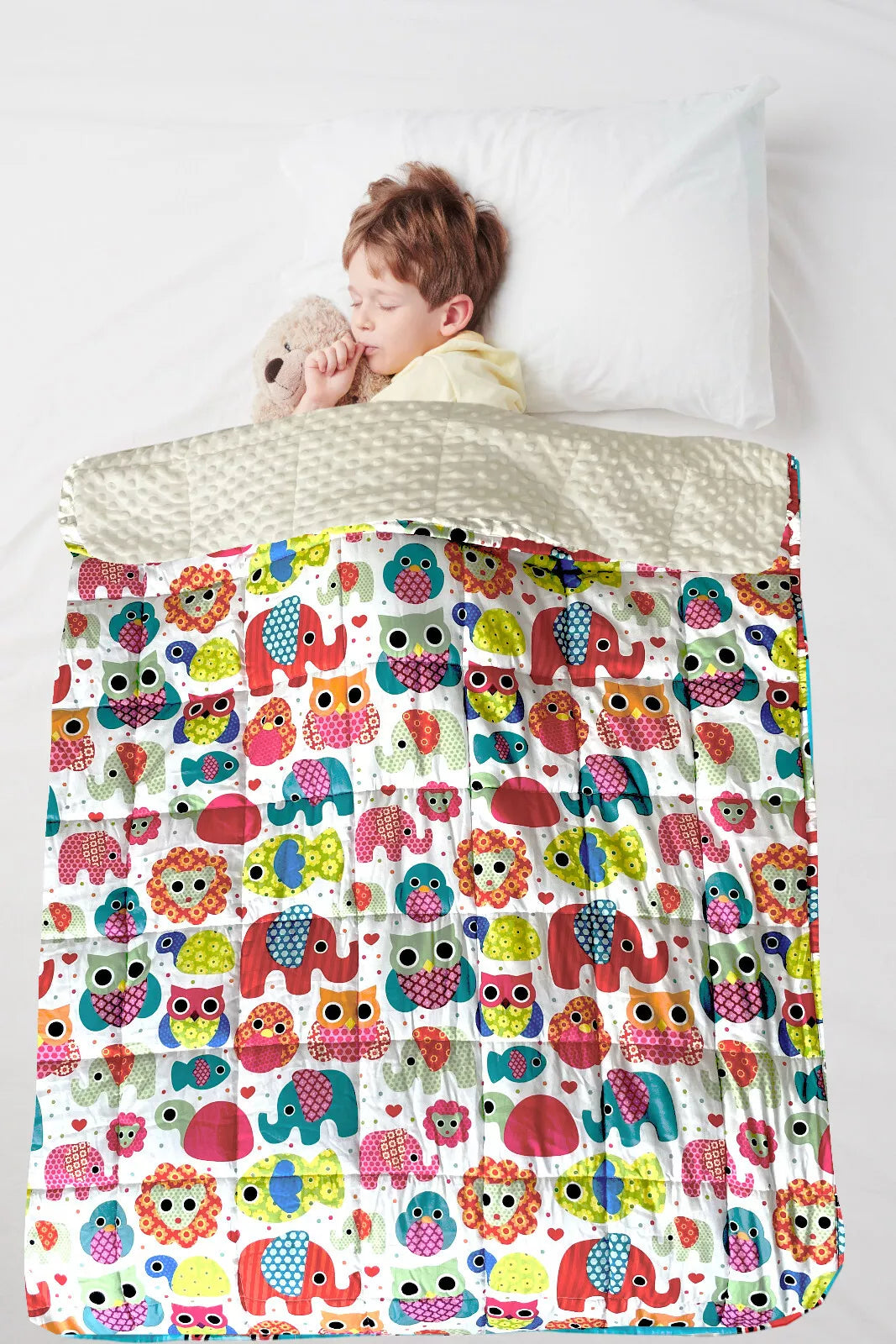Child using Animal Style Kids Weighted Blanket for autism and ADHD-friendly sensory support and relaxation