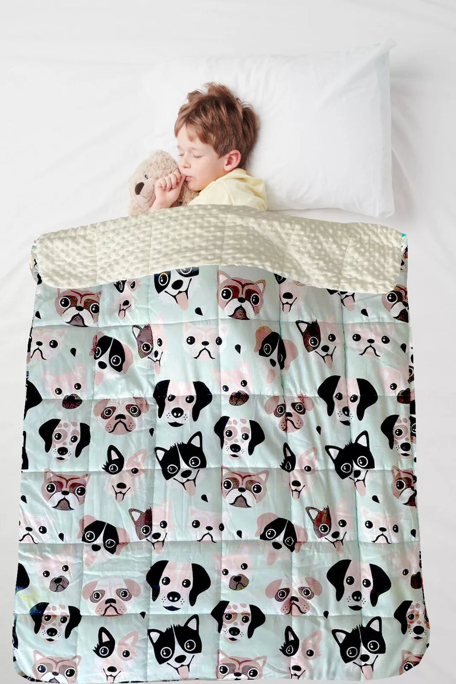 Child using Puppy Love Kids Weighted Blanket for autism and ADHD-friendly sensory support and relaxation
