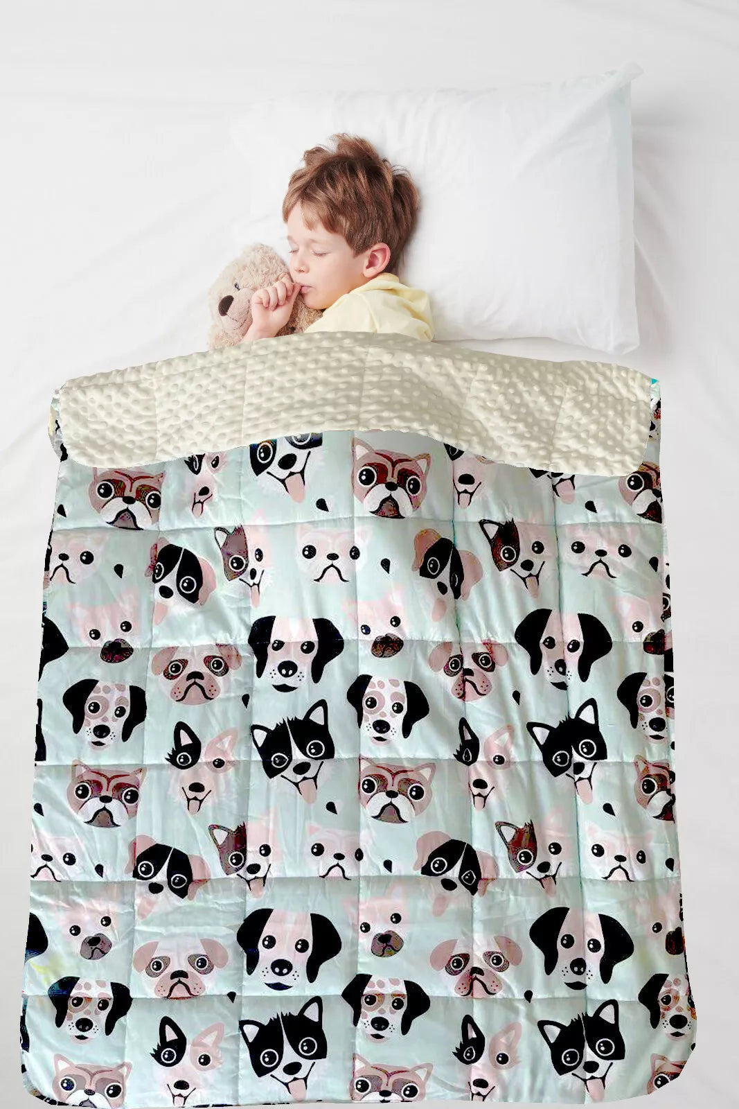 Child using Puppy Love Kids Weighted Blanket for autism and ADHD-friendly sensory support and relaxation