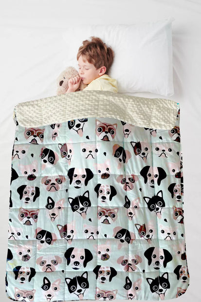 Child using Puppy Love Kids Weighted Blanket for autism and ADHD-friendly sensory support and relaxation