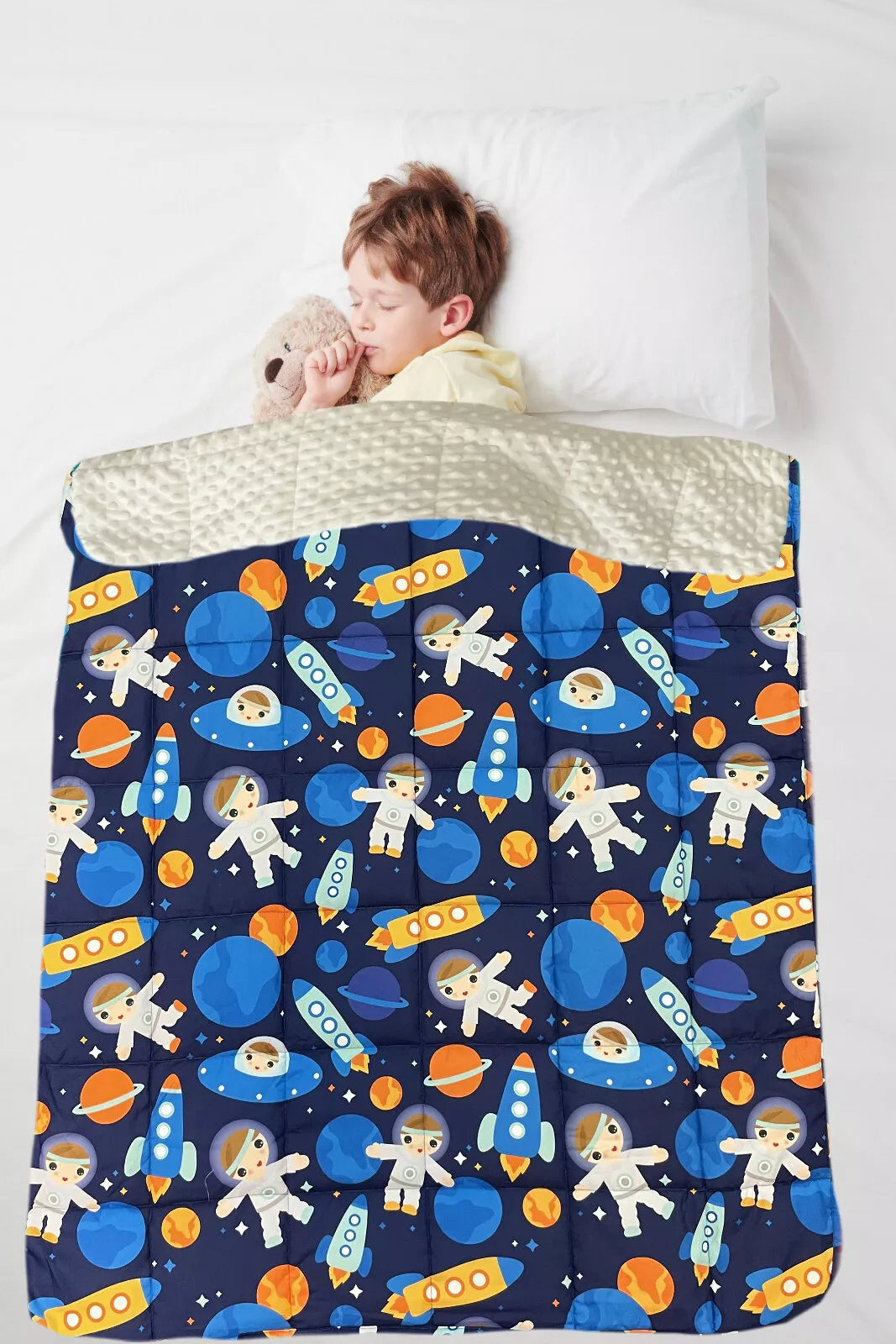 Child using Kids Weighted Blanket Space Style for autism and ADHD-friendly sensory support and relaxation