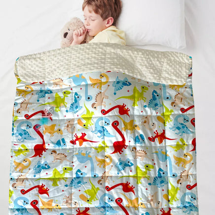 Child using Dino Kids Weighted Blanket for autism and ADHD-friendly sensory support and relaxation