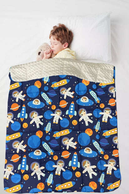 Child using Kids Weighted Blanket Space Style for autism and ADHD-friendly sensory support and relaxation