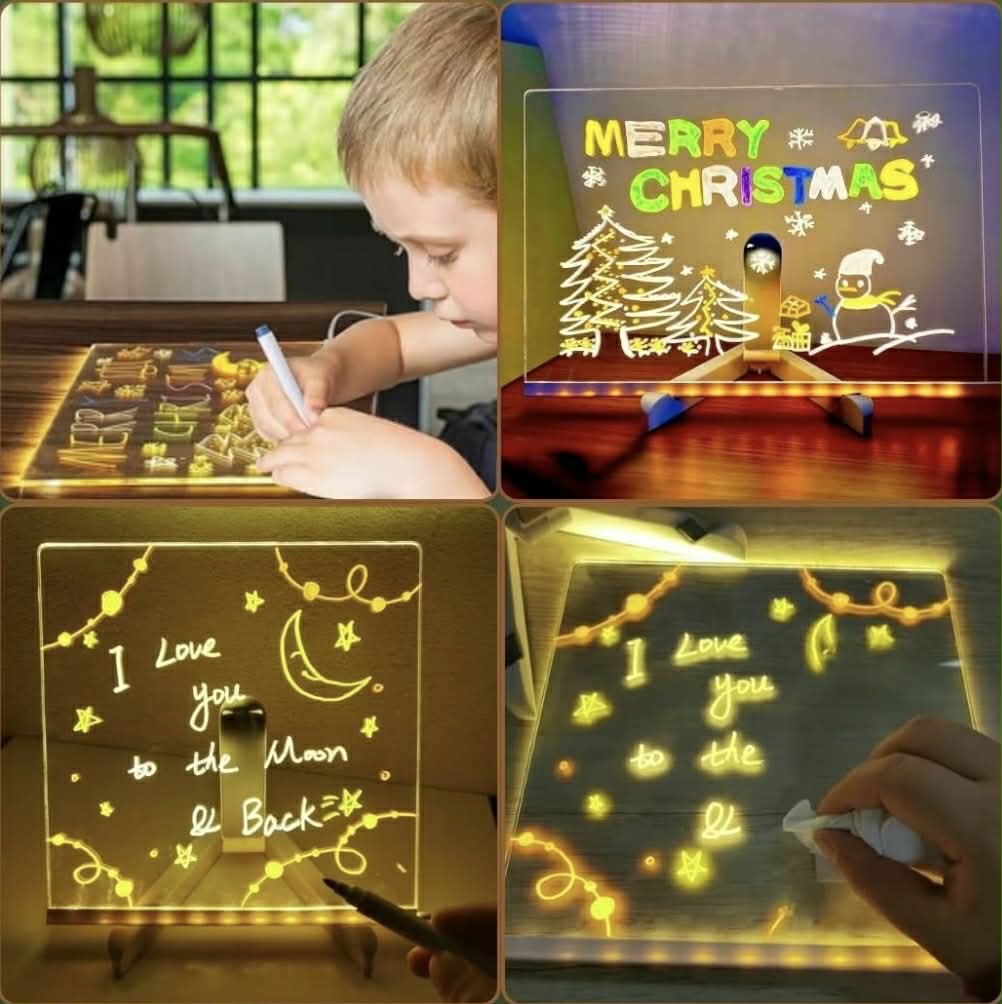 Light-up drawing board with Christmas-themed drawings and text, used by a child. | The Divergent Den