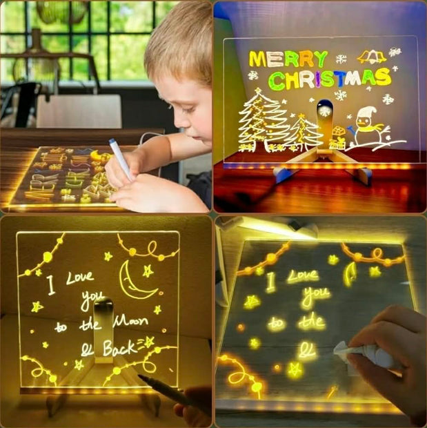Light-up drawing board with Christmas-themed drawings and text, used by a child. | The Divergent Den