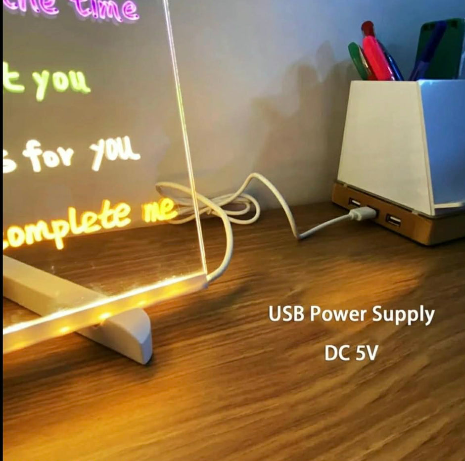 LED_Light_Up_Message_Board showing the adapt supply being a USB port and showing the neon colours 