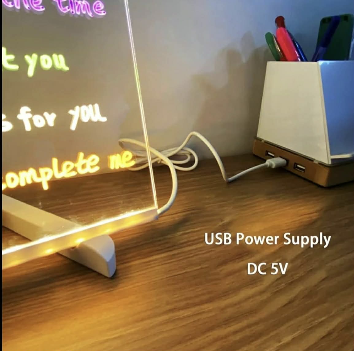 LED_Light_Up_Message_Board showing the adapt supply being a USB port and showing the neon colours 