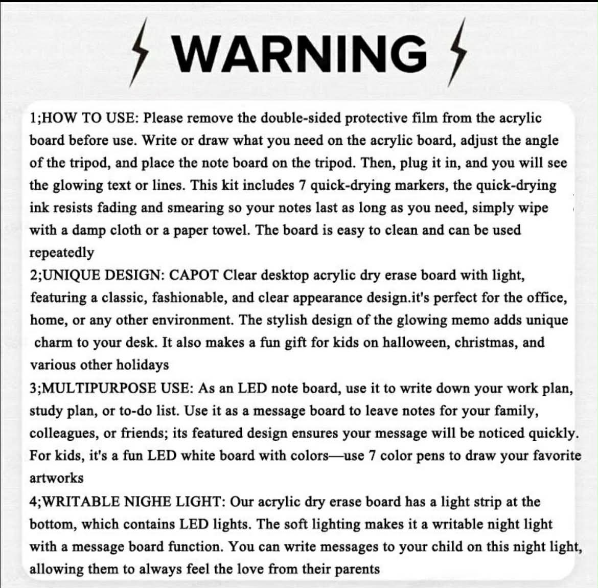 LED_Light_Up_Message_Board - Warning label with text instructions on using a clear acrylic dry erase board with light. | The Divergent Den
