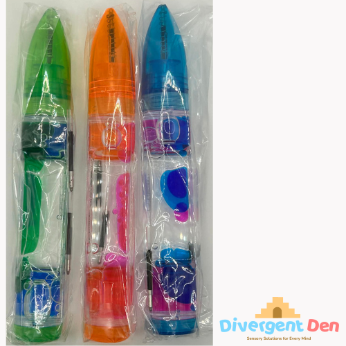 3 pens shown in orange, green and blue. Liquid motion pen perfect for those with neurodivergence looking for calm and focus 