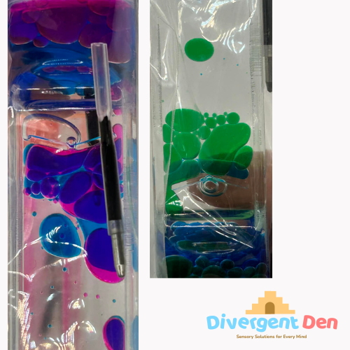 Close up on the bubble falling in the Liquid motion pen for calming stimulation for neurodivergent children and adults 