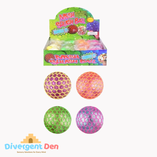 Display of colorful mesh squish balls with packaging on a white background, featuring the Divergent Den brand.