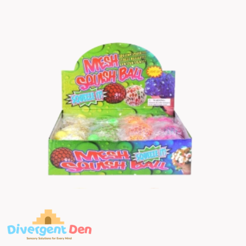 Display box of Mesh Squish Balls with colorful packaging on a white background