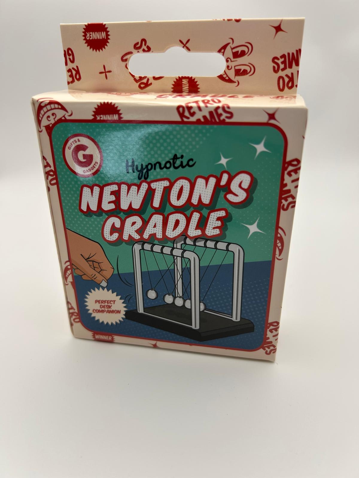 Newton’s Cradle packaging from the front angle – desktop fidget and sensory stress relief toy | The Divergent Den