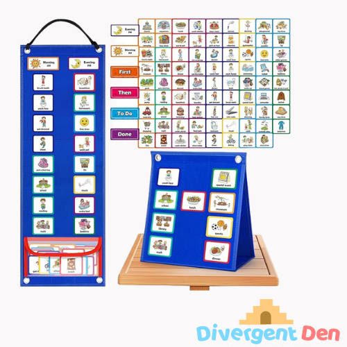 Close-up of PECS Visual Timetable Board showing illustrated activity cards and Velcro layout