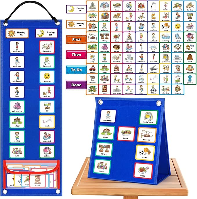 Close-up of PECS Visual Timetable Board showing illustrated activity cards and Velcro layout