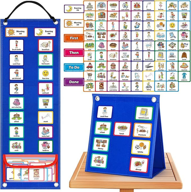 Close-up of PECS Visual Timetable Board showing illustrated activity cards and Velcro layout