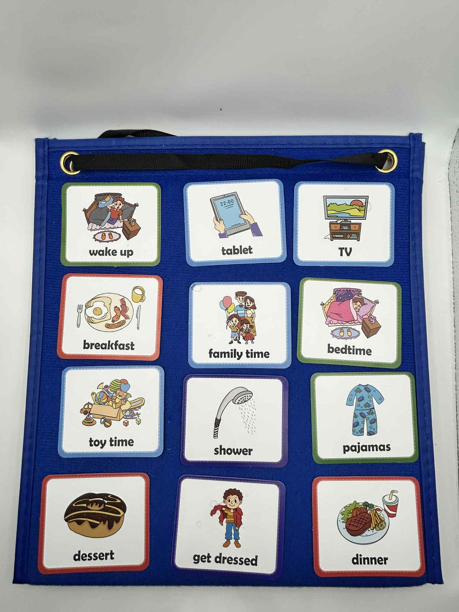 Close-up of PECS Visual Timetable Board showing illustrated activity cards and Velcro layout