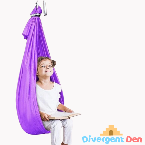 Purple sensory swing image including the fixtures. Sensory Swing calms and regulates | The Divergent Den