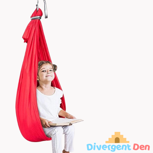 Red sensory swing image including the fixtures. Sensory Swing calms and regulates | The Divergent Den