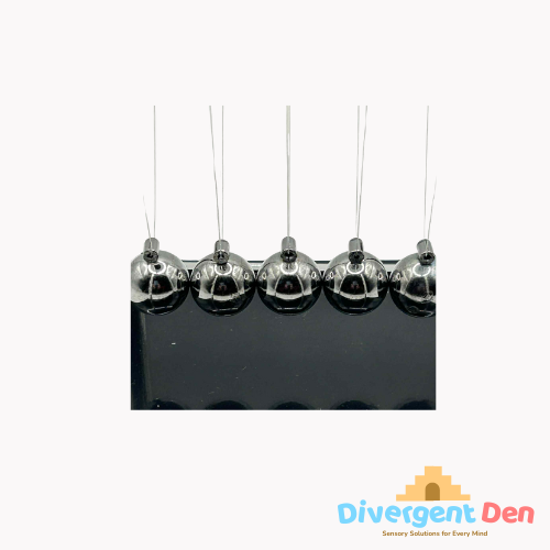 Educational Newton’s Cradle with metal frame and weighted spheres, designed as a STEM and sensory desk toy.