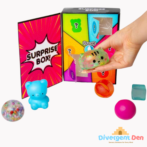 Scrunchems Surprise Box with 6 sensory fidget toys for neurodivergent children tactile stimulation