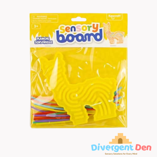 Packaged sensory board with colorful sticks on a white background