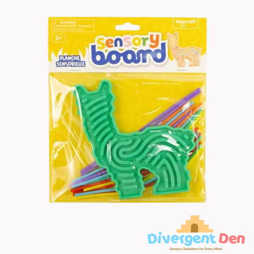 Green llama-shaped sensory board with colorful sticks in a yellow package, featuring the brand 'Divergent Den'.