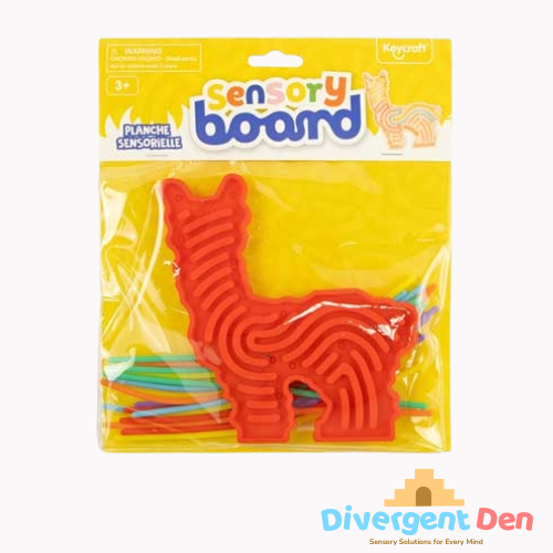 Red llama-shaped sensory board in packaging with colorful sticks on a white background