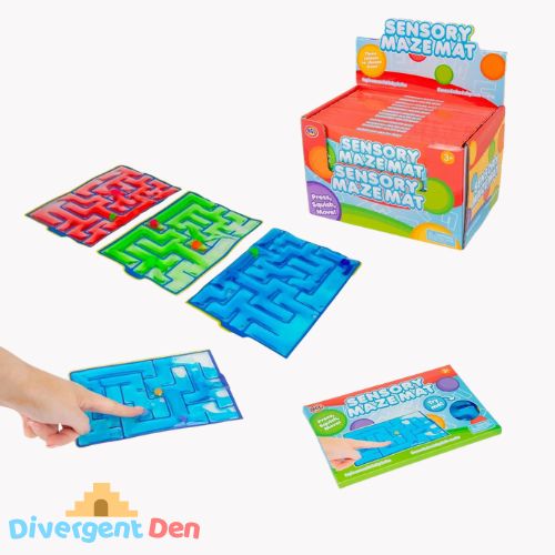 Sensory Maze Mats showing the assorted colours in red blue and green and detailed packaging from The Divergent Den