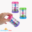 Sensory Rainmaker Toy showing the two colours available pink and purple and green and blue in use and how it works, from The Divergent Den