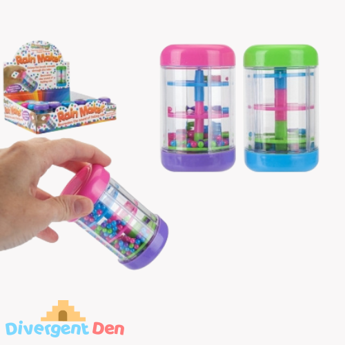 Sensory Rainmaker Toy showing the two colours available pink and purple and green and blue from The Divergent Den with packaging