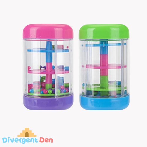 Sensory Rainmaker Toy showing the two colours available pink and purple and green and blue from The Divergent Den