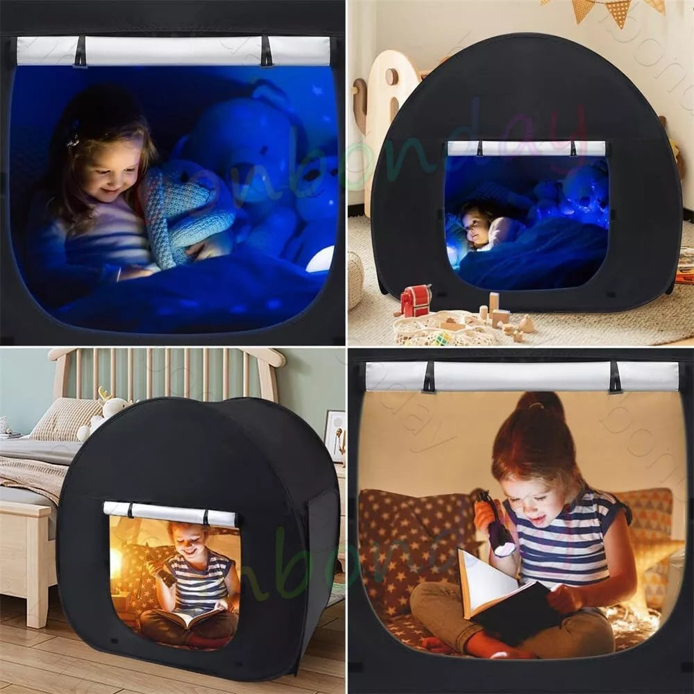 Child playing inside Blackout Sensory Tent for autism and ADHD-friendly calming and quiet space