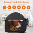 Sensory tent and calm corner for children with features listed on a white wall.