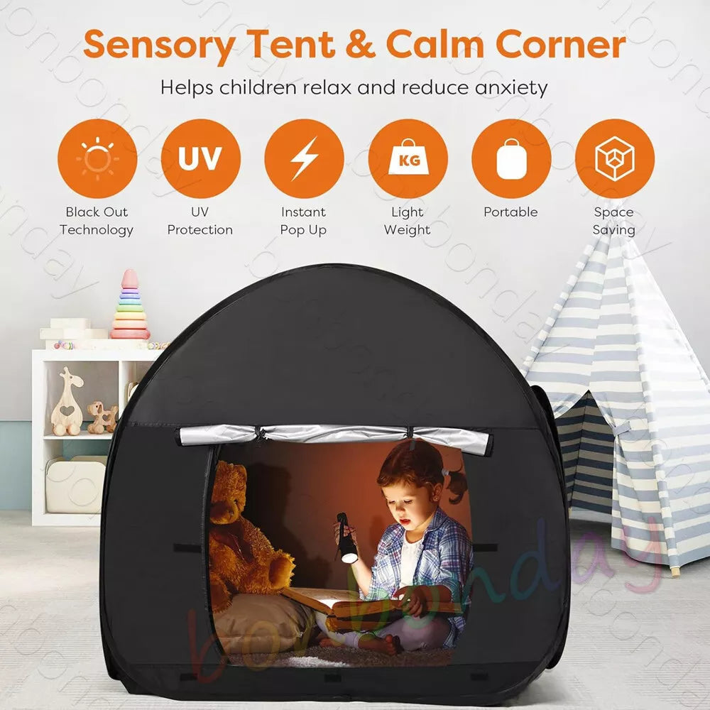 Sensory tent and calm corner for children with features listed on a white wall.