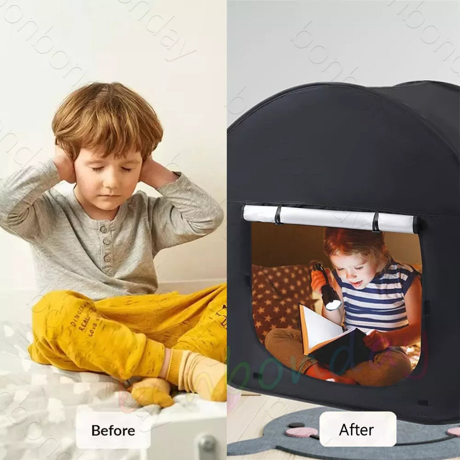 Before and after comparison of a child using a play tent.